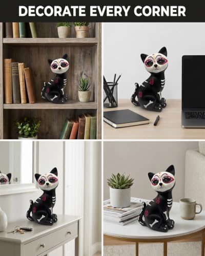 GoGnome Halloween Sugar Black Cat Skeleton Figurine, Cute Resin Statue with Skull Face & Skeleton Tabletop Decoration for Home Mantel Shelf (Black Cat) - Image 7