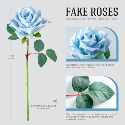 Ttranewsoo 24PCS Blue Artificial Flowers, Realistic Fake Roses with Stems for Blue Floral Arrangements, Party Centerpieces, Events, Bouquets & Home Decor, 16.5 Inch - Image 2