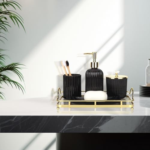 Designer Black Glass Bathroom Accessories Sets - 4 Pcs with Lotion Soap Dispenser, Bathroom Toothbrush Holder, Vanity Tray, and Apothecary Jar, Vintage Bathroom Decor, Gift Countertop Organizer - Image 2