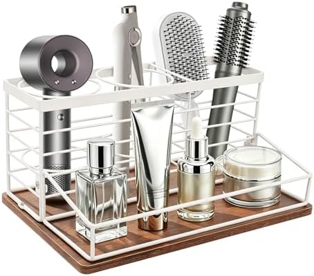 Hair Tool Organizer, Movable Hair Dryer Holder, Hair Styling Tools Storage for Vanity, Bath Counter Organizer, Bathroom Trays for Hair Toiletry, Makeup (12" x 7.7" x 5.8", Wood-White) by Siyzda