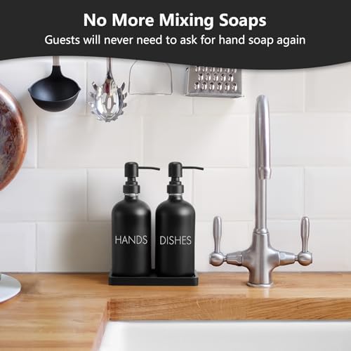 Black Dish and Hand Soap Dispenser Set - Glass Kitchen Soap Dispenser with Tray and Stainless Steel Pump - for Black Kitchen Decor and Accessories - Image 2