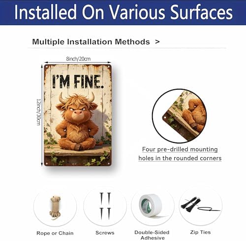 Grumpy Highland Cow with I'M FINE Funny Slogan Vintage Wall Art,Premium Solid Aluminum Metal Sign, Rustic Farmhouse Decor for Bathroom Bar Home, Multipurpose Novelty Wall Plaque Gift 8x12 Inch - Image 7