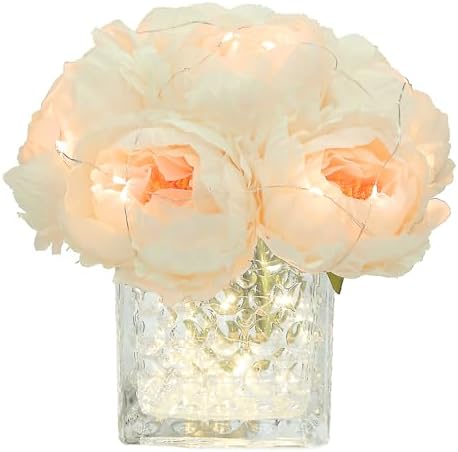 Artificial Peony Silk Flower Centerpieces with LED Light Faux Floral Arrangement in Glass Vase for Home Wedding Table Decoration (Cream White) by GreenHouzz