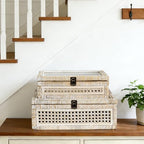 Set of 2 Rattan and Cane Stacking Boxes ,12" and 14", White Wash - Image 2