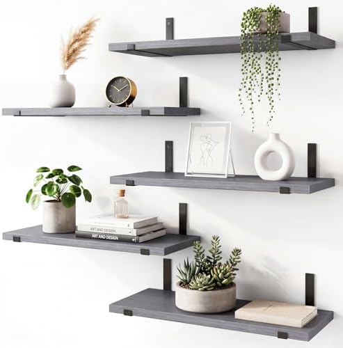 Fixwal Width 4.75 Inches Floating Wall Shelves, Set of 5, Grey by Fixwal