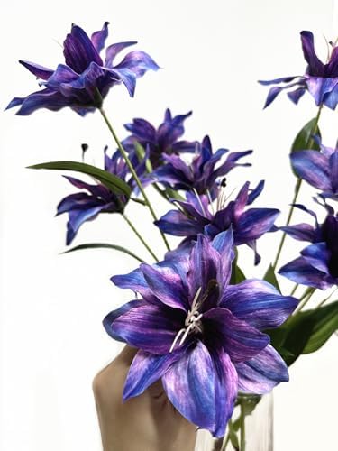 Artificial Lily Flowers, Fake Silk Flower Long Stem Artificial Stargazer Lilies with Full Bloom Faux Tiger Bouquets for Home Decor Wedding Party Hotel Floral Arrangement DIY Decoration – Purple 4 Pack - Image 6