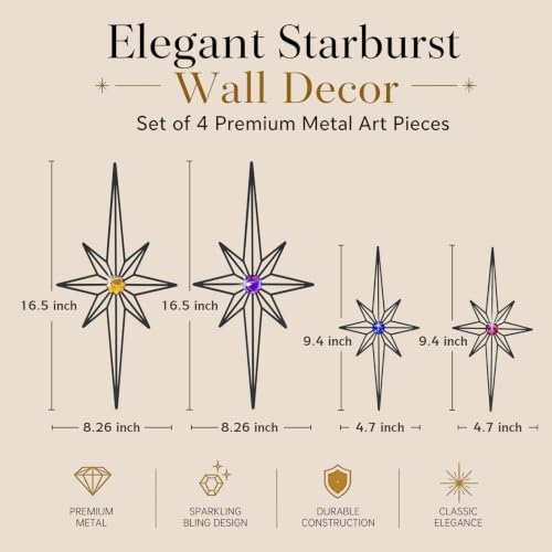 sxnzequnze 4 Pcs Star Wall Art for Home Decor Living Room Bedroom Office Metal 3D,Bling,with Hanging Hook Starburst Midcentury Sculpture Retro Gallery Accent Celestial -Black 16.5in/9.4in - Image 3