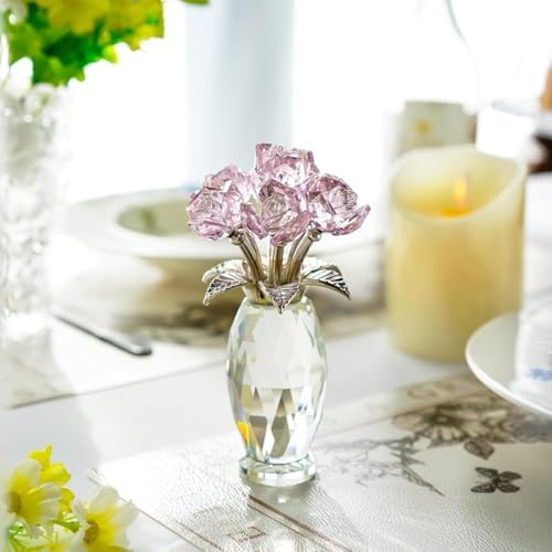 Pink Crystal Glass Rose Figurine Flower Home Table Centerpiece Decor - Image 3