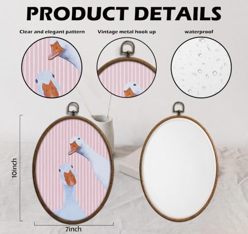 Whimsical Pink Stripe Goose Art, Cottage Core Oval Wall Decor, Waterproof - Image 2