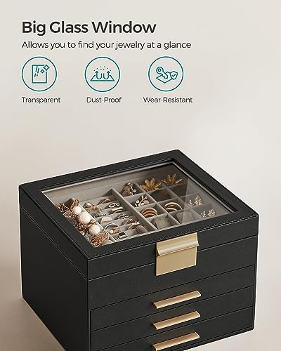 SONGMICS Jewelry Box Organizer, 4-Layer Storage with 3 Drawers, Glass Lid - Image 4