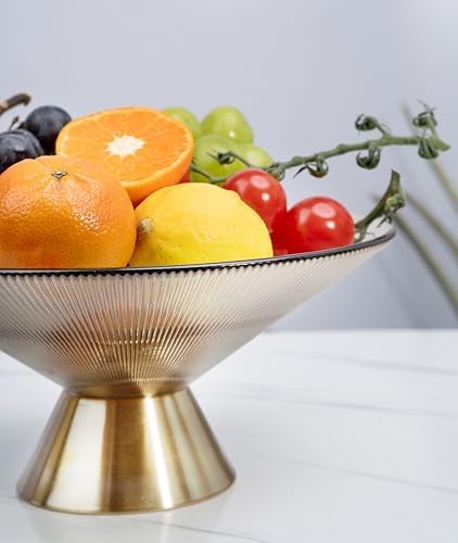 Tapered Glass Decorative Bowl(Coffee Brown) ,9.8 Inches Handblown Striped Design Glass Bowl with Rust Resistant Metal Base,Decor Fruit Bowl for Home Decor,Table Centerpiece,Kitchen Island,Dining Decor - Image 4