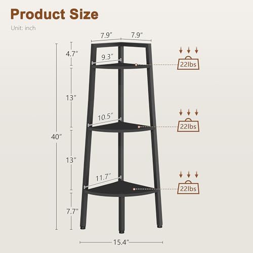 Hoctieon Corner Shelf, 3-Tier 40" Tall Corner Bookshelf, Rustic Ladder Shelf, Industrial Display Stand for Living Room, Kitchen, Home Office, Balcony, Small Space, Metal Frame, Black - Image 2