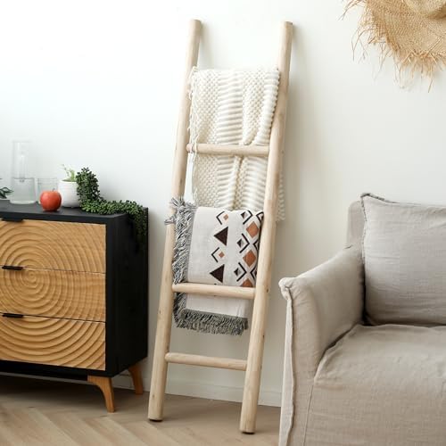 FUIN Blanket Ladder, 57in Rustic Solid Wood Decorative Ladder, Natural - Image 5