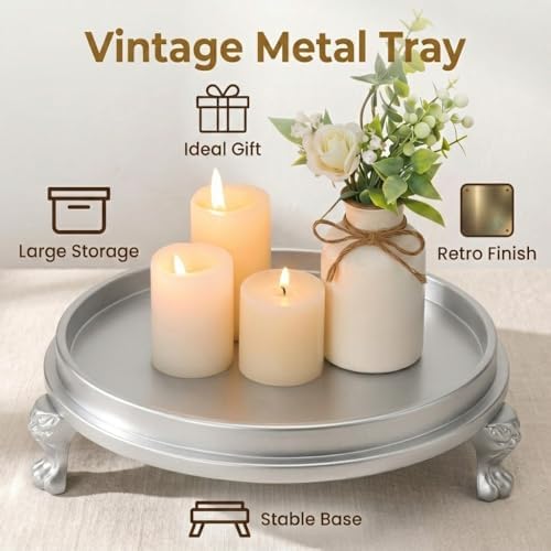 Matte Silver Decorative Tray, 11.8 Inch Round Tray with Claw Feet - Image 3