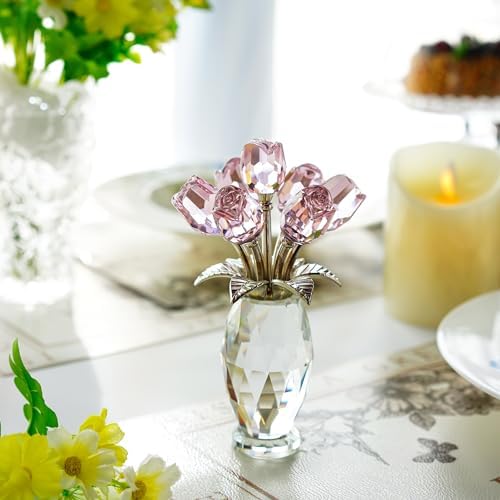 Pink Crystal Rose Bouquet Figurine Wedding Table Centerpiece Decor - Image 3