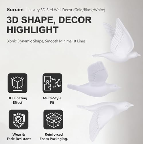 suruim 3D Birds Wall Decor Set of 3 Resin Wall Sculpture (White) - Image 2