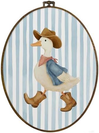 dvhdajed Trendy Western Cowboy Goose Oval Wall Art Decor, Rustic Cowboy Hat Farm Animal Framed Canvas Art, Light Blue Striped Goose Wall Hanging Decor for Toddler Room Bedroom Bathroom, 8.7x11.3 Inch by dvhdajed