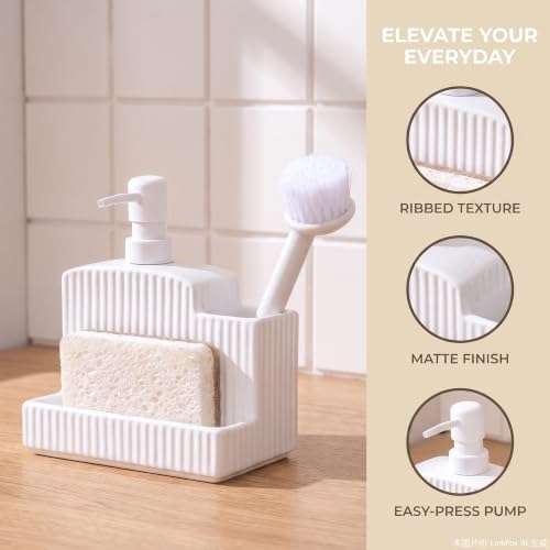 RQYIXI 3-in-1 Ceramic Square Soap Dispenser with Sponge Holder,White,18 Oz - Image 4