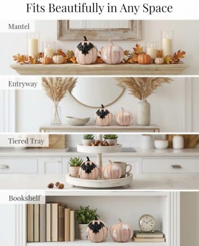 GoGnome Halloween Decorations Pumpkin Figurines Set of 2, Cute Resin Shelf Mantel Tiered Tray Decor with Bat and Ghost Designs (Pink Pumpkins) - Image 7