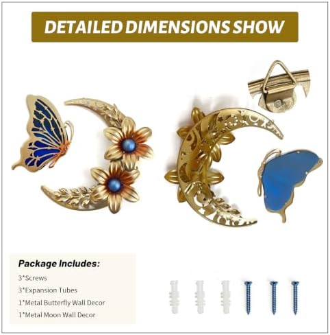 LIFFY Gold Wall Decor,3D Multi-layer Metal Flower Wall Decor, Metal Butterfly Wall Decor Glass Outdoor Wall Art Sculptures and Crescent Moon Floral Art for Kitchen Bedroom Living Room Garden Patio - Image 3