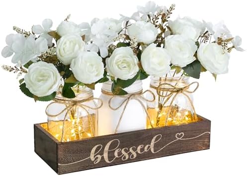 3 Pcs Mason Jar Table Centerpieces for Dining Room with Wood Tray&Led Light by FancyPlus