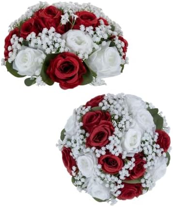 BLOSMON Fake Flowers Ball Wedding Centerpieces 2 Pcs Crimson Rose Babys Breath Artificial Flowers Center Pieces Decoration for Table Silk Kissing Floral Bouquet Arrangements for Home Party DIY Decor by Blosmon