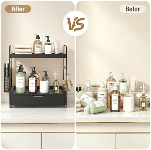 2-Tier Bathroom Counter Organizer with Drawer, Wood Counter Storage Shelf - Image 4