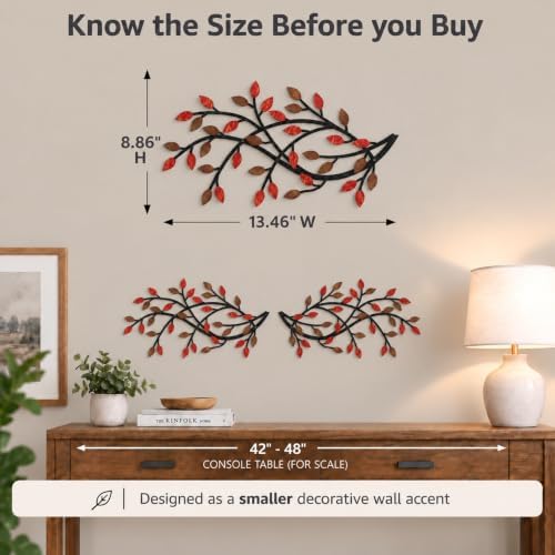 Meltset Metal Tree Leaf Wall Decor, Vine Olive Leaf Branch Wall Art, Wrought Iron Scroll Artwork, Decorative Wall Sculptures Above The Bed, Living Room, Hallway, Indoor and Outdoor（S/Red） - Image 2