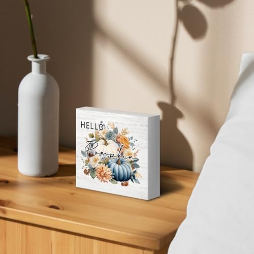 Fall Autumn Pumpkin Wood Box Decor, Rustic Theme Farmhouse Wooden Block Decorations for Home Room Wall Tabletop Shelf, Blue Pumpkin Wooden Square Decor - Image 3