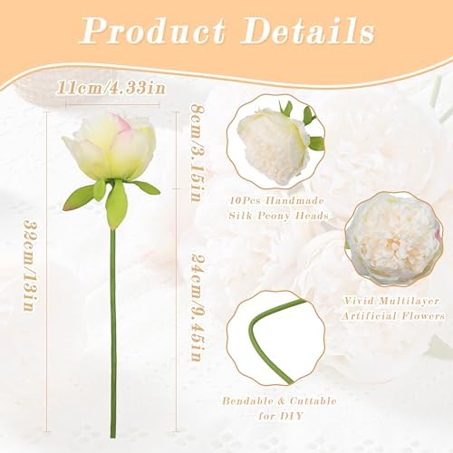 SITUMEIZI 10PCS Artificial Peony Flowers, Real Touch Fake Silk Bouquet with Stems for Home Mothers Day Wedding Party Centerpieces Table Decoration Indoor(Ivory White) - Image 2