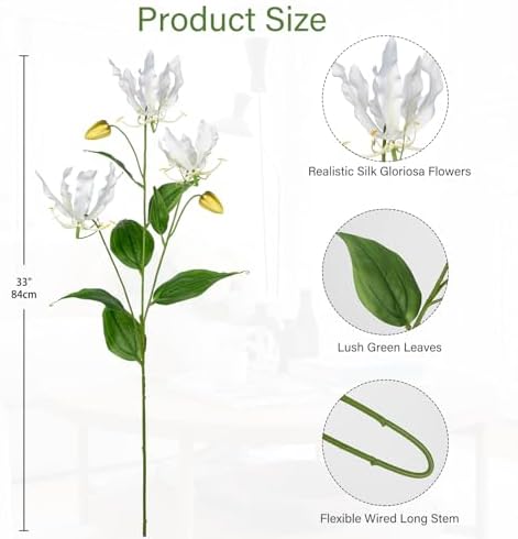 Briful 33'' Real Touch Artificial Flowers Sprays Set of 3 Fake Gloriosa Superba Flowers, White Faux Flame Lily Flowers Bouquets Floral Arrangeme - Image 2