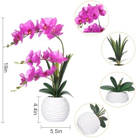 Artificial Large Real Touch Orchid Flowers with White Ceramic Vase, Fuchsia - Image 2