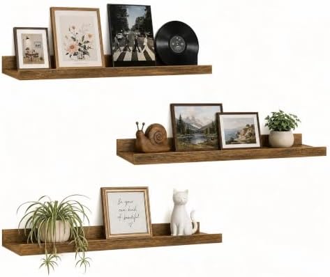 24inch Long Floating Shelves for Wall Decor, 3-Set Shelves with Lip, Brown by RicherHouse