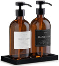 Glass Soap Dispenser Set of 2 (Amber) with Silicone Tray | Hand and Dish Soap Dispenser for Kitchen and Bathroom | 16.8 Oz Glass Bottles with Stainless Steel Pump & 15 Waterproof Labels (Amber/Black) by Unknown