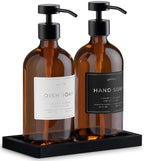 Glass Soap Dispenser Set of 2 (Amber) with Silicone Tray | Hand and Dish Soap Dispenser for Kitchen and Bathroom | 16.8 Oz Glass Bottles with Stainless Steel Pump & 15 Waterproof Labels (Amber/Black) by Unknown
