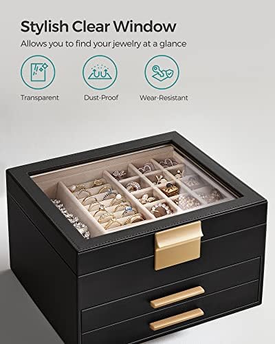 SONGMICS Jewelry Box Organizer, 3-Layer Storage with 2 Drawers, Glass Lid - Image 4