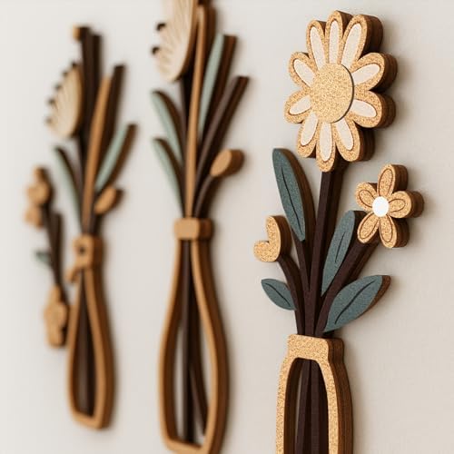 puthiac Wooden Floral Vase Wall Art Set of 3, Rustic Boho Farmhouse Decor - Image 2