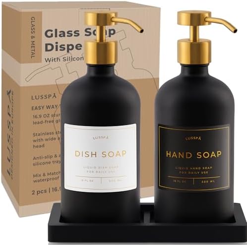 Glass Soap Dispenser Set of 2 (Black) with Silicone Tray | Hand and Dish Soap Dispenser for Kitchen and Bathroom | 16.8 Oz Glass Bottles with Stainless Steel Pump & 15 Waterproof Labels (Black/Gold) - Image 7