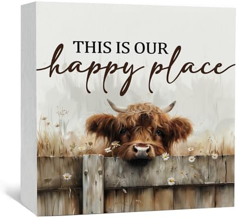 Highland Cow Sign - Farmhouse Western Animal Office Kitchen Bedroom Decor,Rustic Farm This Is Our Happy Place Home Decor Signs,highland Cow Gifts For Women,5x5 Inch by Nitelat