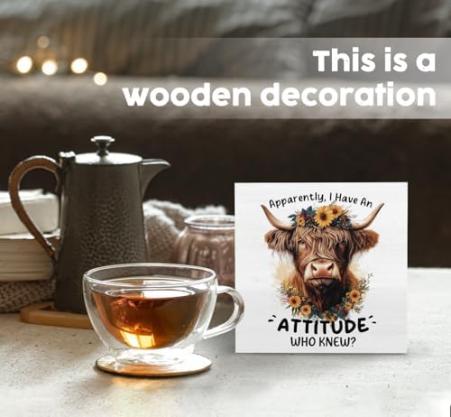 Highland Cow Sign, Farm Cottagecore Animal Office Kitchen Bedroom Decor, Apparently I Have an Attitude Who Knew Wooden Box Signs, Apparently Highland Cow Gifts for Women Men 5x5 in - Image 2