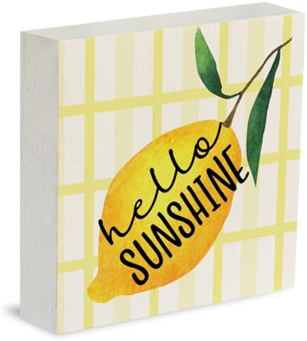 IYEZH Lemon Decor Farmhouse Lemon Wooden Box Sign Rustic Country Hello Sunshine Lemon Box Sign Wood Sign Decor Summer Square Wood Sign Home Kitchen Desk Tabletop Shelf Decor 5 x 5 by IYEZH