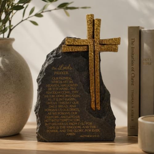 The Lord's Prayer Stone Decor, Religious Cross, Resin Black with Gold Text, 9.4inches, Christian Home Office Table Decoration - Image 3
