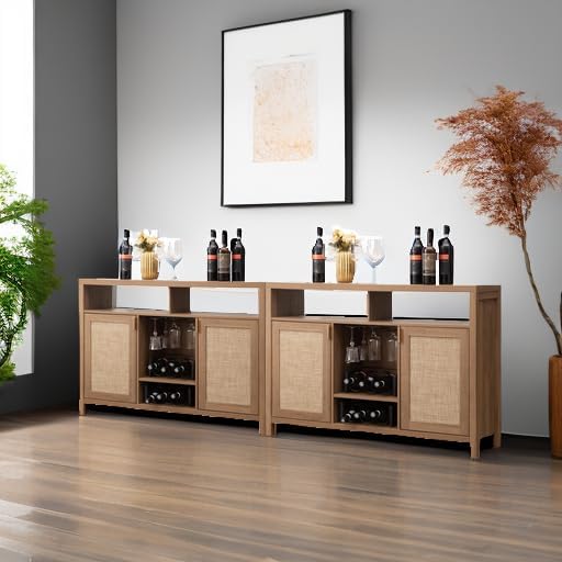 SICOTAS Rattan Coffee Bar Cabinet, Boho Liquor Wine Cabinet Set of 2 Credenza - Image 6