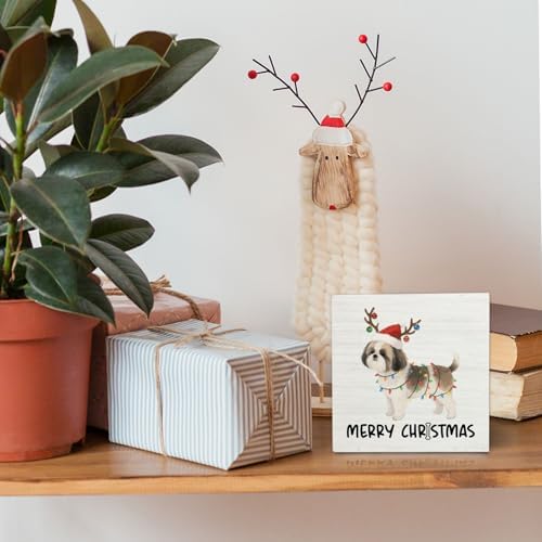 Shih Tzu Merry Christmas Wooden Box Sign Desk Decor, Shih Tzu Gifts, Christmas Dog Wood Block Sign for Home Bedroom Office Desk Table Shelf Wall Decorations, 5x5 Inch - Image 2