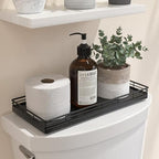 Oak Bathroom Toilet Tank Tray, 13" Wood Toilet Paper Storage Basket Back of Toilet Basket Organizer, Vanity Tray for Perfume Makeup Candle Kitchen Counter Coffee Table Black Tray Decor by Focusonit