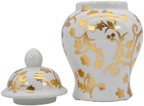 8" Ceramic Ginger Jar w/Lid - Classic Chinese Style Porcelain Jar Tea Storage for Home Decor Decorative Centerpiece Vintage Accent Antique Vase Jingdezhen (Gold & White) - Image 6