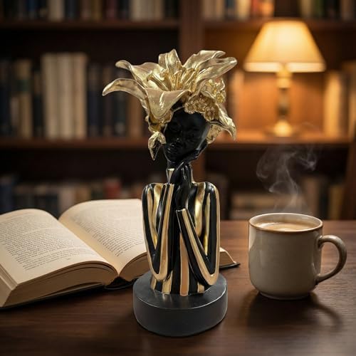 Lescafita African Woman Art Sculpture with Gold Floral Crown, Exquisite African Statue, Emotional Modern Home Art Gift for Various Settings Such as Home, Bookshelves, desks, or Offices(7.68 inch - Image 2