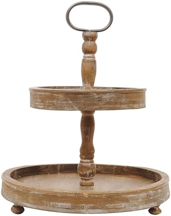 Creative Co-Op Decorative Wood 2‑Tier Tray Round Serving and Display Stand, Natural Finish - Image 3