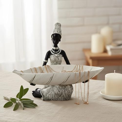 Lescafita African Woman Tray Figurine White Leaf Bowl Sculpture - Image 2