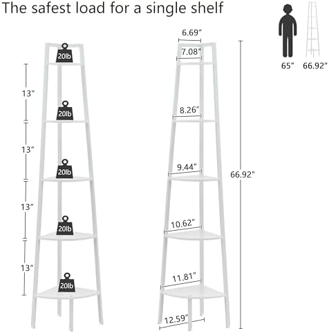 Hoctieon Corner Shelf, 5-Tier Corner Bookshelf, Rustic Ladder Shelf, Industrial Display Stand for Living Room, Kitchen, Home Office, Balcony, Small Space, Metal Frame, White - Image 2